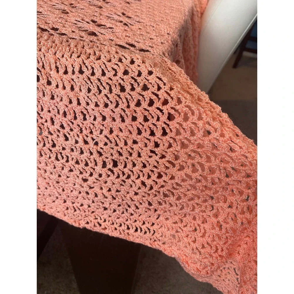 Vintage Handmade Crochet Lace Tablecloth Peach Coral Starburst Floral 56x56
